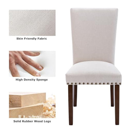 COLAMY Upholstered Parsons Dining Chairs Set of 4, Fabric Dining Room Kitchen Side Chair with Nailhead Trim and Wood Legs - Beige