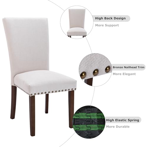 COLAMY Upholstered Parsons Dining Chairs Set of 4, Fabric Dining Room Kitchen Side Chair with Nailhead Trim and Wood Legs - Beige