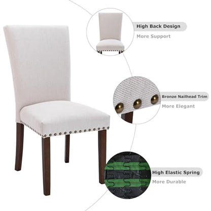 COLAMY Upholstered Parsons Dining Chairs Set of 4, Fabric Dining Room Kitchen Side Chair with Nailhead Trim and Wood Legs - Beige