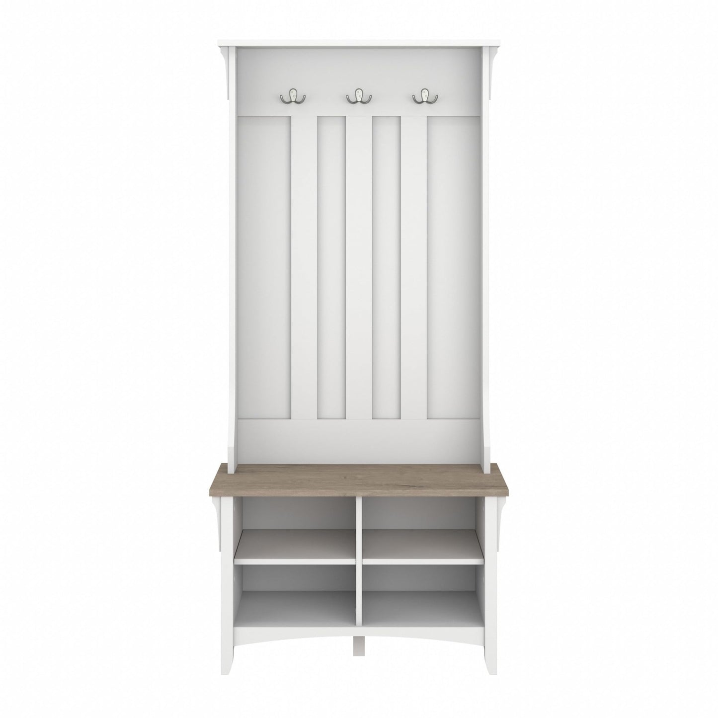 Bush Home Salinas Flur Baum mit Schuhaufbewahrung, Bank in Überfälzung, Grau und Reinweiß, Mehrzweck-Organizer, Eingangslösung mit Sitzgelegenheit und Haken