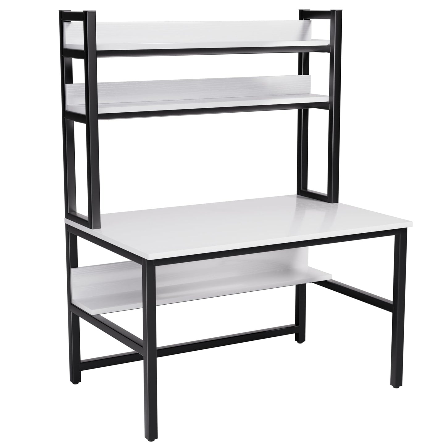 Aquzee Computer Desk mit Hutze und Bücherregal, 47 Inches Weiß Home Office Desk mit Platzsparendem Design, Metallbeine Tisch mit Oberer Ablage für Studium/Schreib-Arbeitsplatz, Einfache Montage