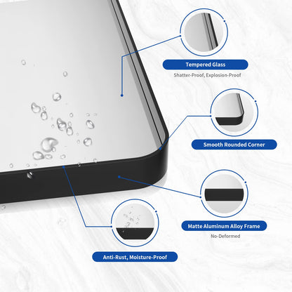 WEER Badezimmerspiegel, 139 x 76 cm, schwarzer Metallrahmen, schwarzer Badezimmer-Schminkspiegel, Bauernhaus, abgerundet, rechteckig, mattschwarz, Wandspiegel, gehärtetes Glas, rostfrei