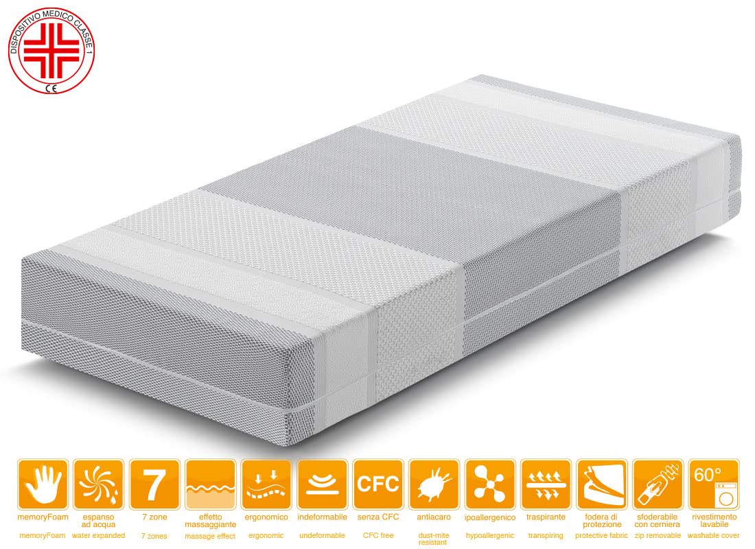 Marcapiuma - Einzelmatratze Prince Viscoschaum 80x190 Höhe 18 cm Orthopädische H2 Mittel Visco Kaltschaummatratze Abziehbar Bezug gegen Milbe Atmungsaktiv Made in Italy