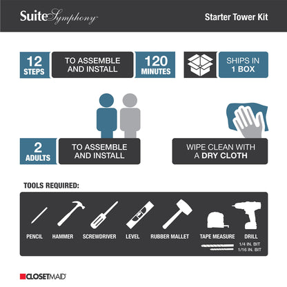 ClosetMaid SuiteSymphony Holzschrank Organizer Starter Kit mit Turm und 3 Hängestangen, Regalen, verstellbar, passend für Räume 1,5-3,0 m. Breite, Naturgrau, 63,5 cm