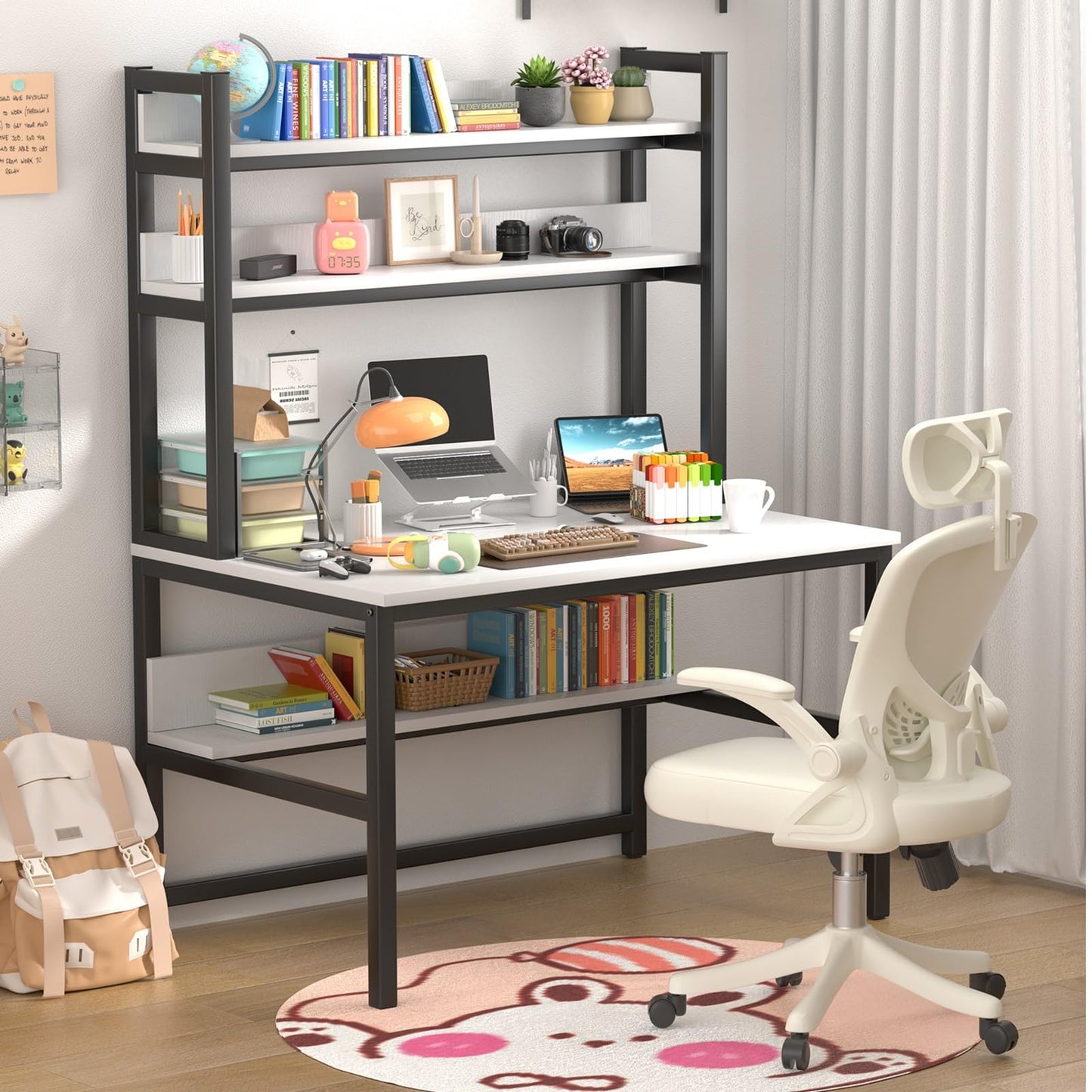 Aquzee Computer Desk mit Hutze und Bücherregal, 47 Inches Weiß Home Office Desk mit Platzsparendem Design, Metallbeine Tisch mit Oberer Ablage für Studium/Schreib-Arbeitsplatz, Einfache Montage