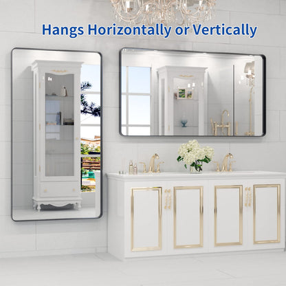 WEER Badezimmerspiegel, 139 x 76 cm, schwarzer Metallrahmen, schwarzer Badezimmer-Schminkspiegel, Bauernhaus, abgerundet, rechteckig, mattschwarz, Wandspiegel, gehärtetes Glas, rostfrei