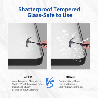 WEER Badezimmerspiegel, 139 x 76 cm, schwarzer Metallrahmen, schwarzer Badezimmer-Schminkspiegel, Bauernhaus, abgerundet, rechteckig, mattschwarz, Wandspiegel, gehärtetes Glas, rostfrei