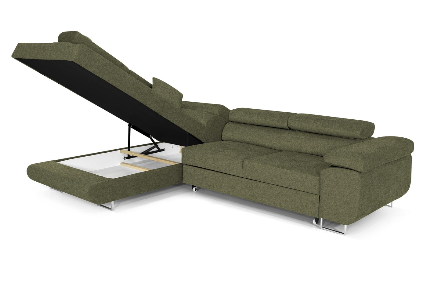 Ecksofa mit Schlaffunktion PASTI L-Form, Sofa Couch mit Bettkasten, 3-Sitzer Eckcouch, Schlafsofa für Wohnzimmer, Big Sofa Couch mit Schlaffunktion (Bouclé Limegrün, Ottomane Links)