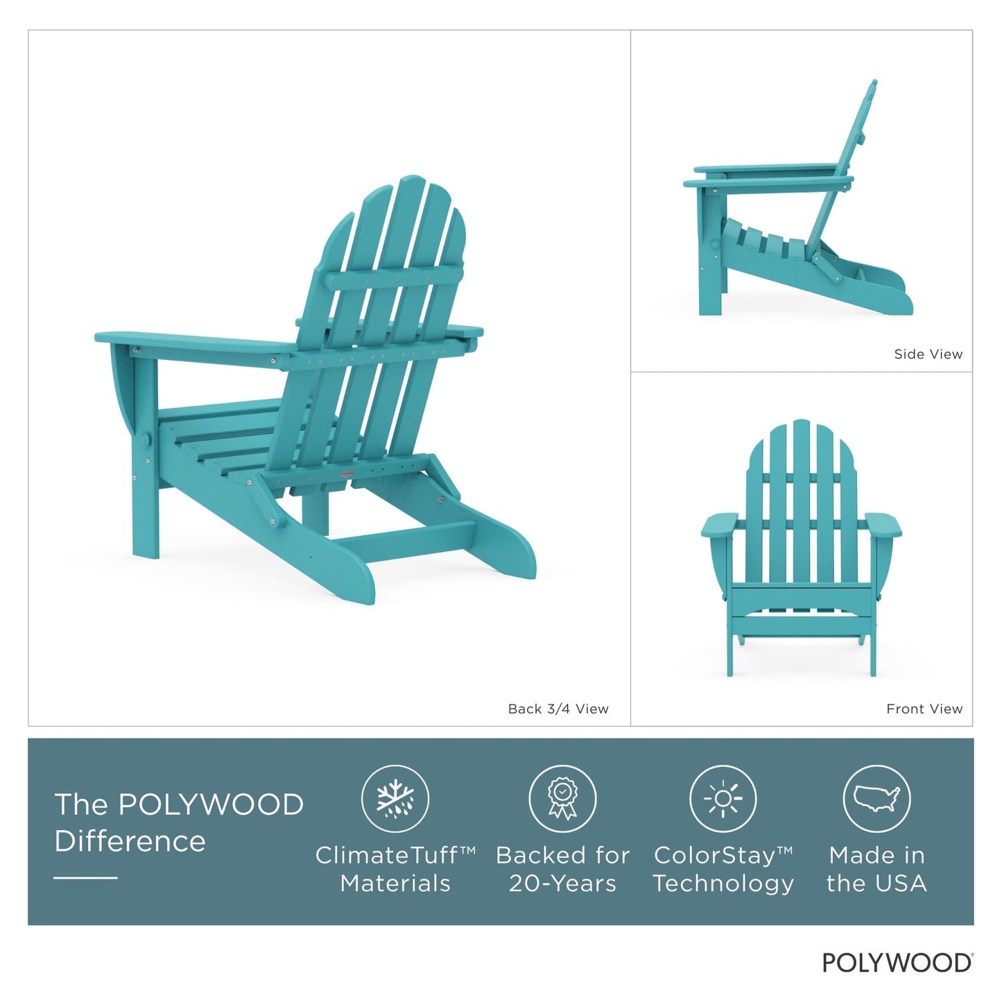 Polywood AD5030AR Classic Folding Adirondack Chair, Height: 35.00" - Width: 29" - Depth: 35.00", Aruba