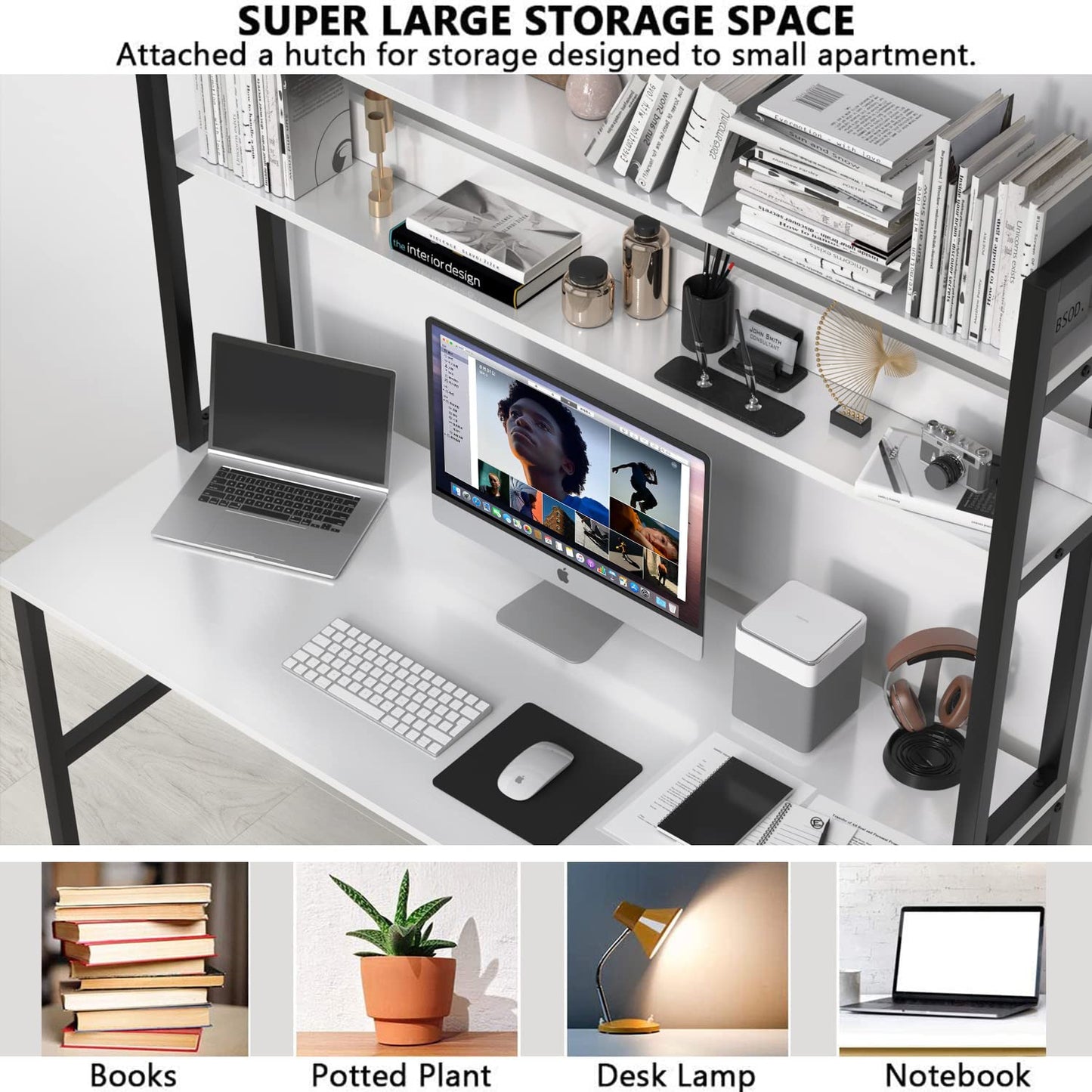 Aquzee Computer Desk mit Hutze und Bücherregal, 47 Inches Weiß Home Office Desk mit Platzsparendem Design, Metallbeine Tisch mit Oberer Ablage für Studium/Schreib-Arbeitsplatz, Einfache Montage