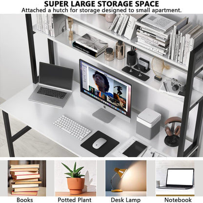 Aquzee Computer Desk mit Hutze und Bücherregal, 47 Inches Weiß Home Office Desk mit Platzsparendem Design, Metallbeine Tisch mit Oberer Ablage für Studium/Schreib-Arbeitsplatz, Einfache Montage