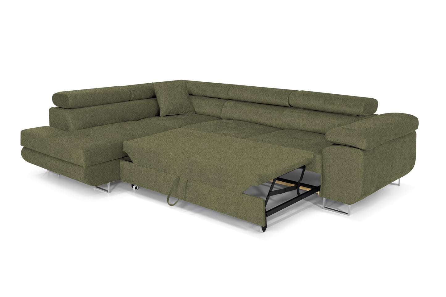 Ecksofa mit Schlaffunktion PASTI L-Form, Sofa Couch mit Bettkasten, 3-Sitzer Eckcouch, Schlafsofa für Wohnzimmer, Big Sofa Couch mit Schlaffunktion (Bouclé Limegrün, Ottomane Links)