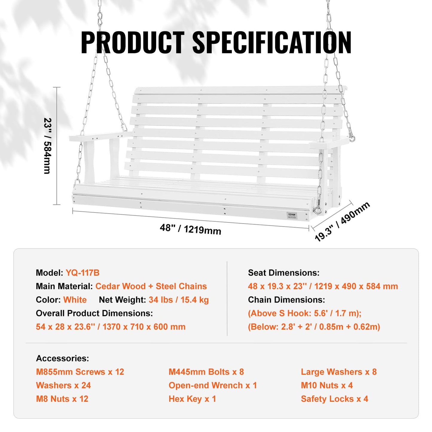 VEVOR Veranda-Schaukel aus Holz, 1,4 m, robuste Terrassenbank-Schaukel für Hof & Garten, verbesserte 399 kg starke Tragfähigkeit, hängende Ketten für den Außenbereich, Weiß
