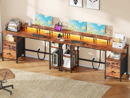 Furologee Computertisch mit Steckdose & LED-Lichtern, wendbarer Gaming-Schreibtisch mit Aktenschrank & Monitorständer für Home Office, Schreibtisch mit Ablageregalen und Schublade, rustikales Braun