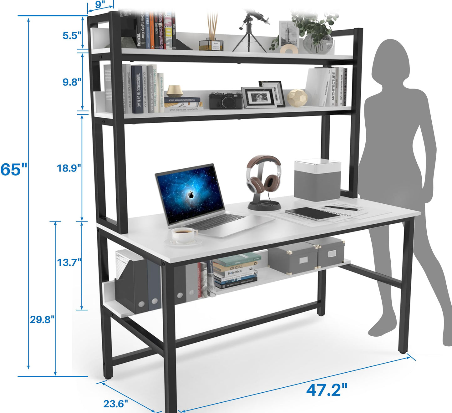 Aquzee Computer Desk mit Hutze und Bücherregal, 47 Inches Weiß Home Office Desk mit Platzsparendem Design, Metallbeine Tisch mit Oberer Ablage für Studium/Schreib-Arbeitsplatz, Einfache Montage
