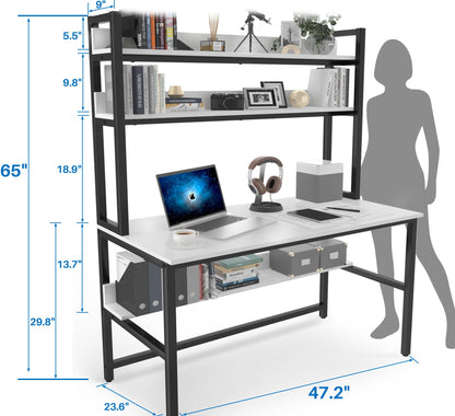 Aquzee Computer Desk mit Hutze und Bücherregal, 47 Inches Weiß Home Office Desk mit Platzsparendem Design, Metallbeine Tisch mit Oberer Ablage für Studium/Schreib-Arbeitsplatz, Einfache Montage