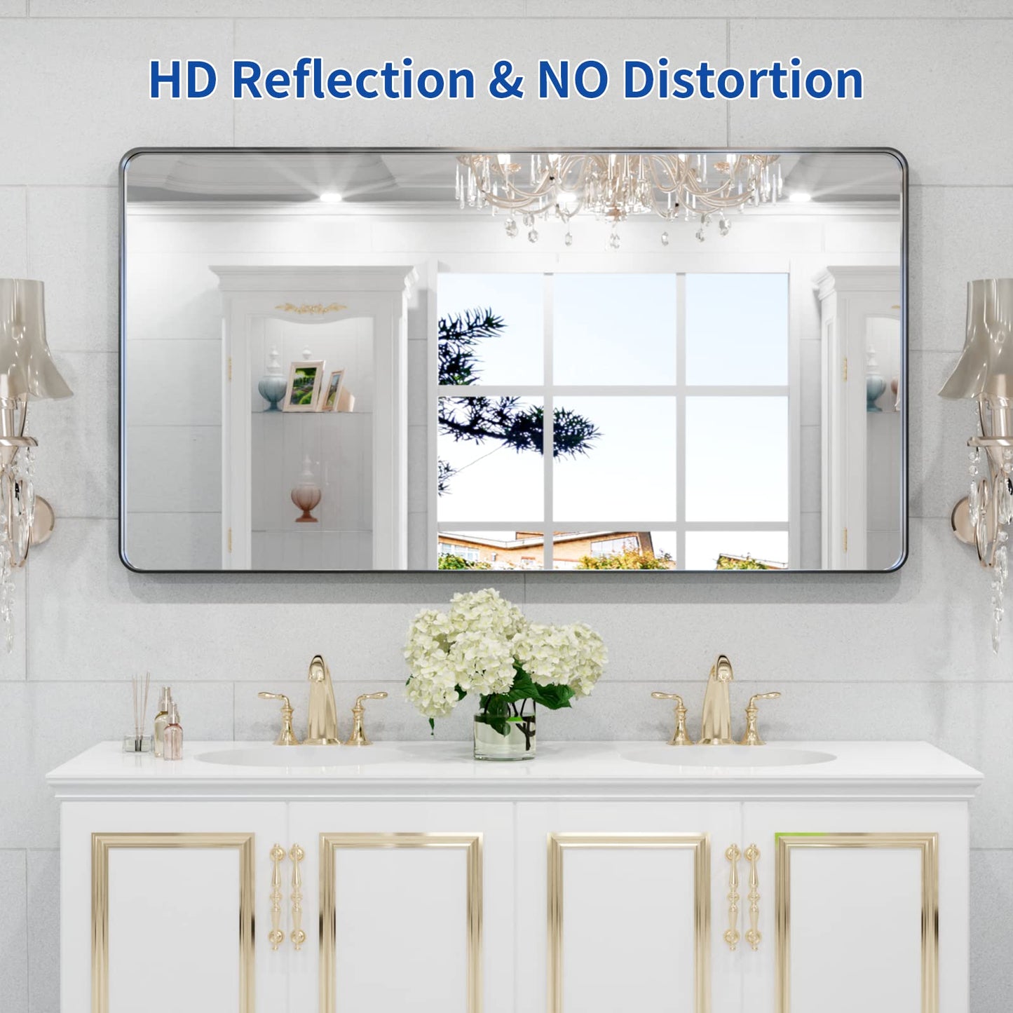 WEER Badezimmerspiegel, 139 x 76 cm, schwarzer Metallrahmen, schwarzer Badezimmer-Schminkspiegel, Bauernhaus, abgerundet, rechteckig, mattschwarz, Wandspiegel, gehärtetes Glas, rostfrei