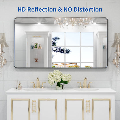 WEER Badezimmerspiegel, 139 x 76 cm, schwarzer Metallrahmen, schwarzer Badezimmer-Schminkspiegel, Bauernhaus, abgerundet, rechteckig, mattschwarz, Wandspiegel, gehärtetes Glas, rostfrei