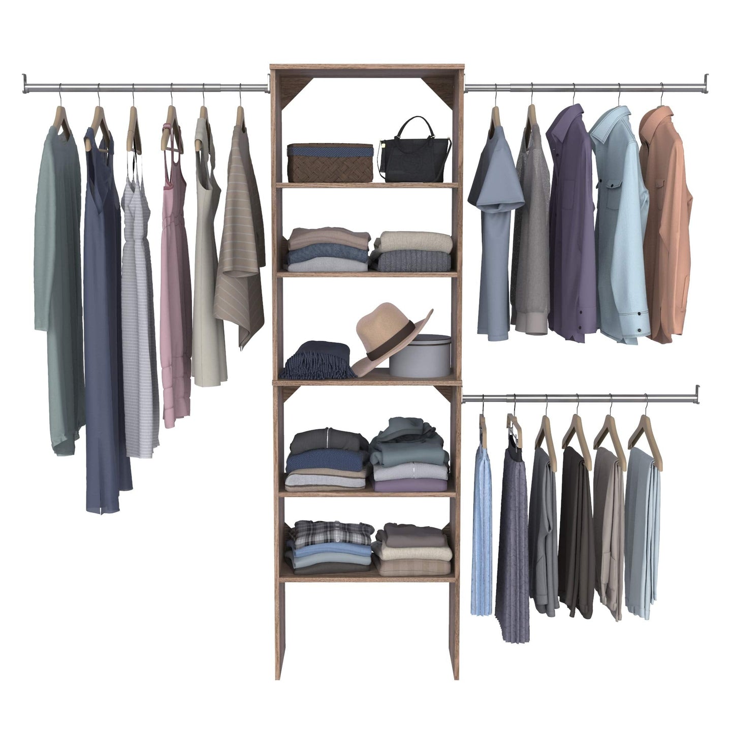 ClosetMaid SuiteSymphony Holzschrank Organizer Starter Kit mit Turm und 3 Hängestangen, Regalen, verstellbar, passend für Räume 1,5-3,0 m. Breite, Naturgrau, 63,5 cm