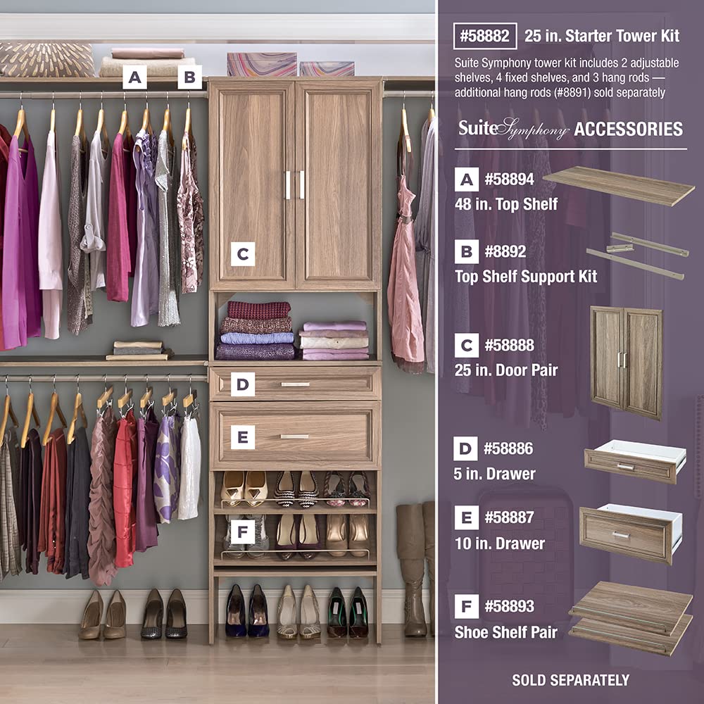 ClosetMaid SuiteSymphony Holzschrank Organizer Starter Kit mit Turm und 3 Hängestangen, Regalen, verstellbar, passend für Räume 1,5-3,0 m. Breite, Naturgrau, 63,5 cm