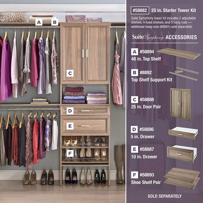 ClosetMaid SuiteSymphony Holzschrank Organizer Starter Kit mit Turm und 3 Hängestangen, Regalen, verstellbar, passend für Räume 1,5-3,0 m. Breite, Naturgrau, 63,5 cm