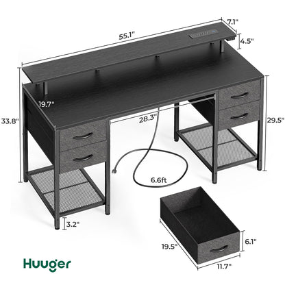 Huuger 55 inch Computer Desk with 4 Drawers, Gaming Desk with LED Lights & Power Outlets, Home Office Desk with Large Storage Space for Bedroom, Work from Home, Black
