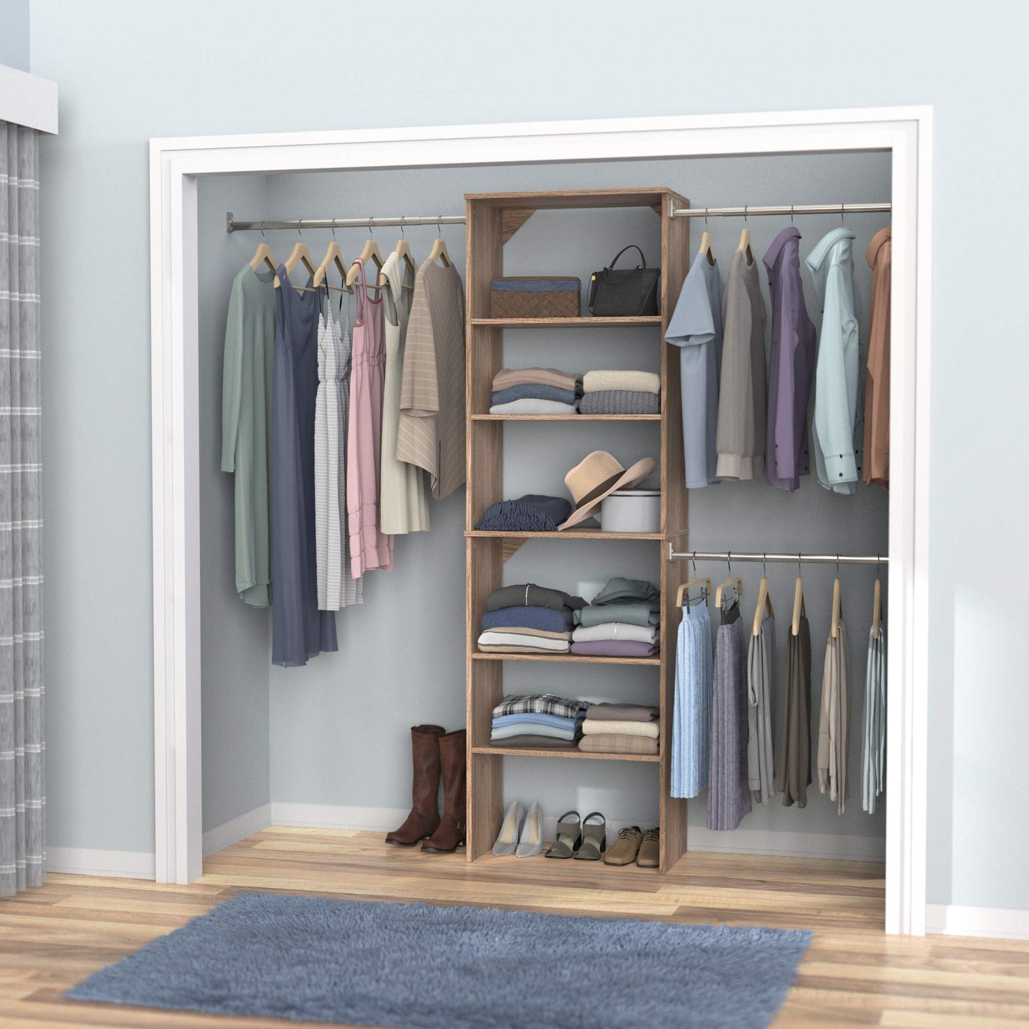 ClosetMaid SuiteSymphony Holzschrank Organizer Starter Kit mit Turm und 3 Hängestangen, Regalen, verstellbar, passend für Räume 1,5-3,0 m. Breite, Naturgrau, 63,5 cm