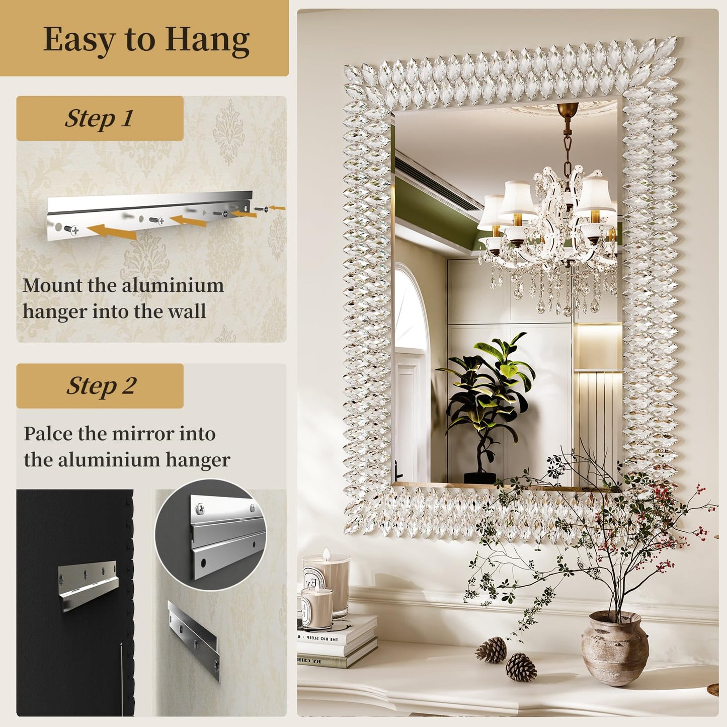 Kelly Miller Großer Spiegel für Wanddekoration, 71,1 x 101,6 cm, luxuriöser funkelnder Diamantspiegel, abgeschrägt, moderne Wanddekoration für Badezimmer, Wohnzimmer, Schlafzimmer, Flur,