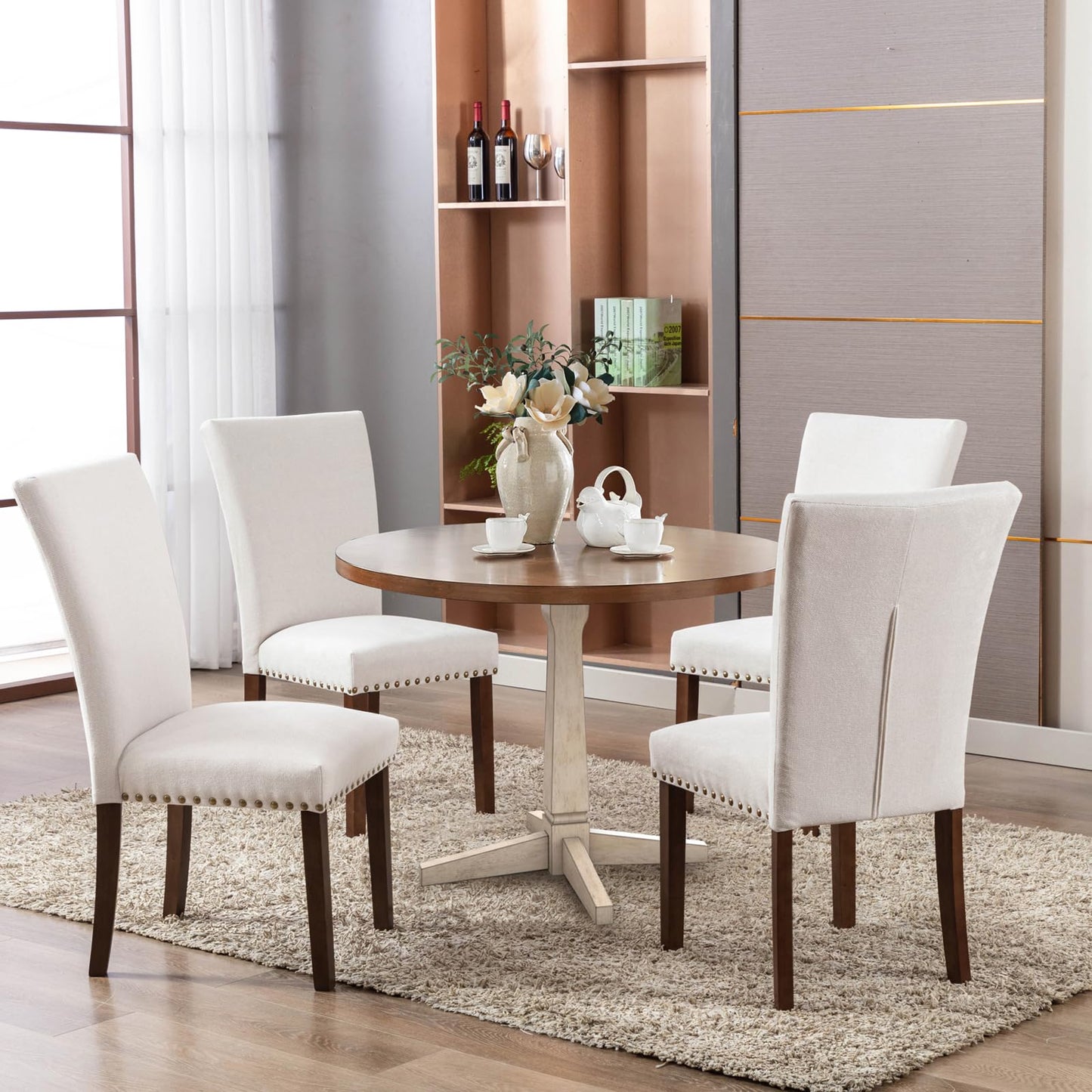 COLAMY Upholstered Parsons Dining Chairs Set of 4, Fabric Dining Room Kitchen Side Chair with Nailhead Trim and Wood Legs - Beige
