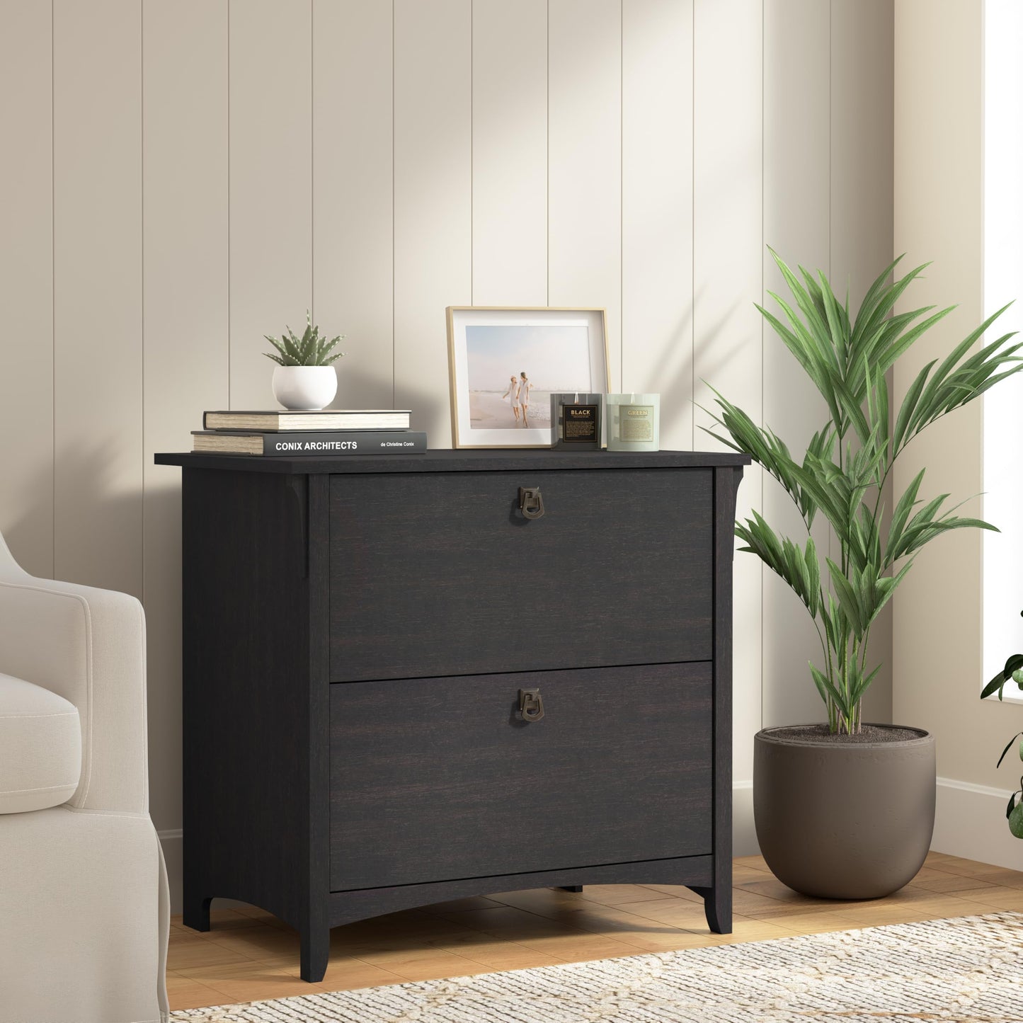 Bush Furniture Salinas Aktenschrank mit 2 Schubladen, seitlicher Aktenschrank in Vintage-Schwarz, Aufbewahrungslösung, Organizer mit Schubladen für den Arbeitsplatz, Akteneinheit