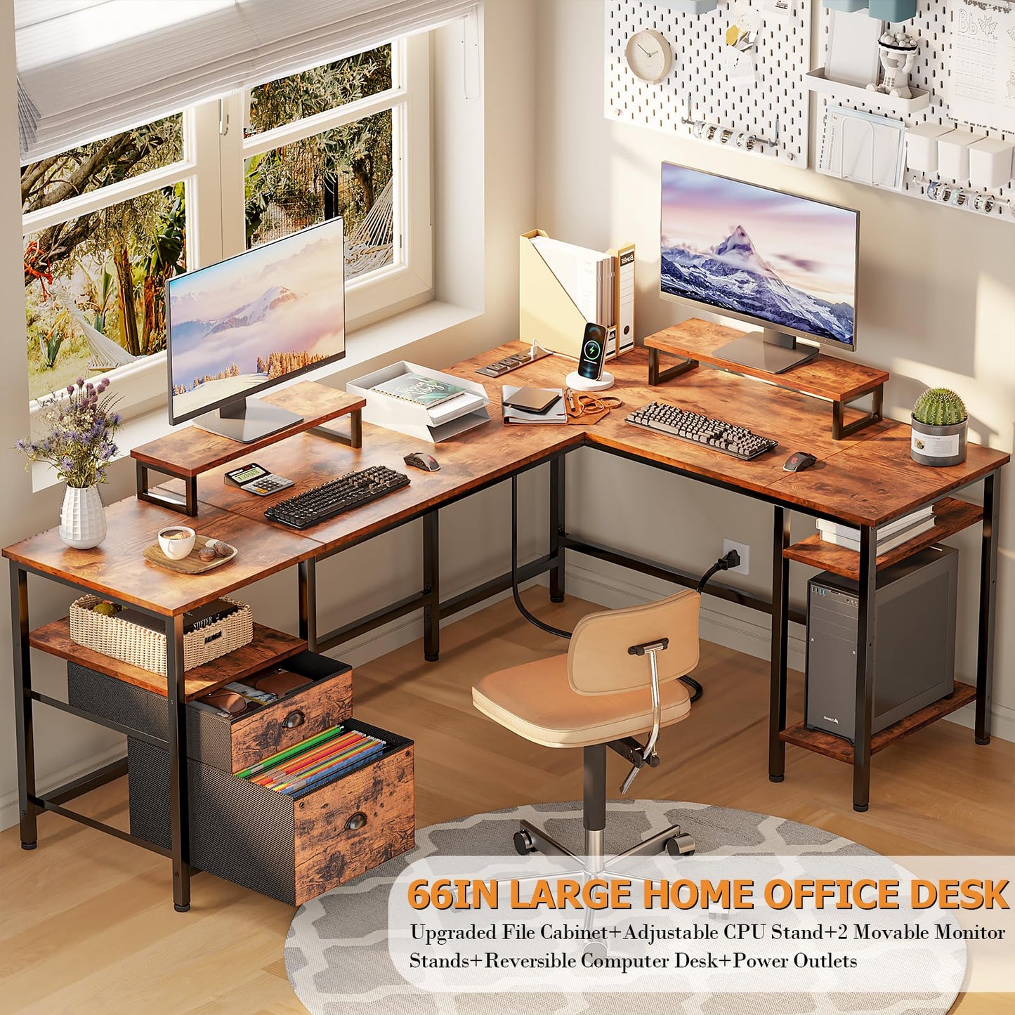 Furologee L-förmiger Schreibtisch mit Steckdose, wendbarer Computer-Gaming-Schreibtisch mit Aktenschublade und 2 Monitorständern für Heimbüro, mit Ablagen, rustikales Braun