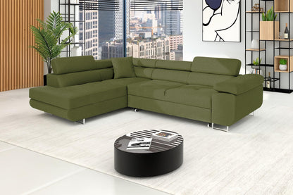 Ecksofa mit Schlaffunktion PASTI L-Form, Sofa Couch mit Bettkasten, 3-Sitzer Eckcouch, Schlafsofa für Wohnzimmer, Big Sofa Couch mit Schlaffunktion (Bouclé Limegrün, Ottomane Links)