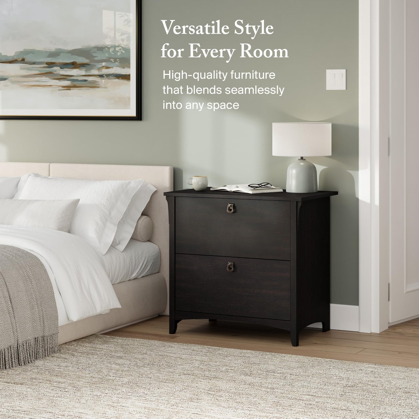 Bush Furniture Salinas Aktenschrank mit 2 Schubladen, seitlicher Aktenschrank in Vintage-Schwarz, Aufbewahrungslösung, Organizer mit Schubladen für den Arbeitsplatz, Akteneinheit