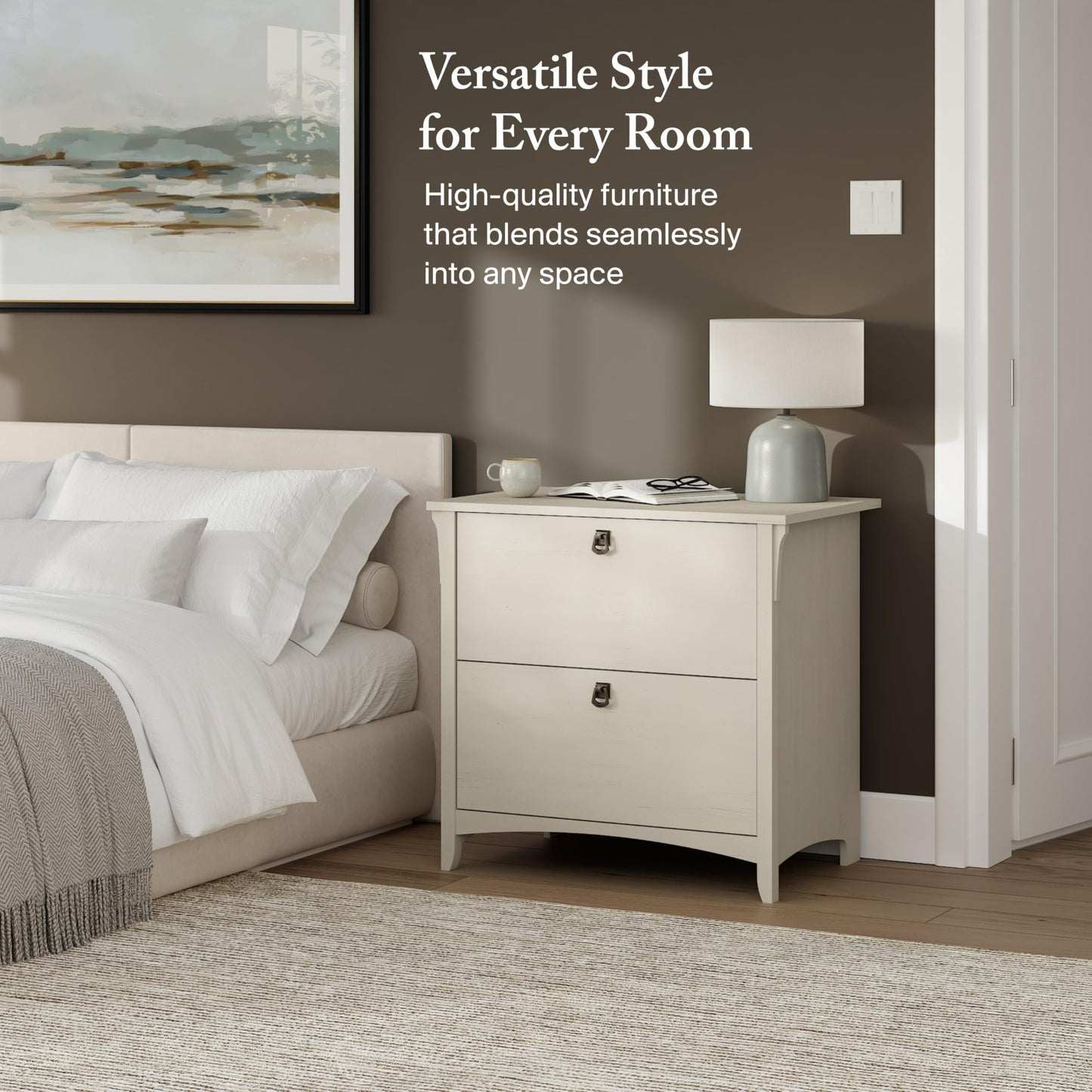 Bush Furniture Salinas Seitlicher Aktenschrank mit 2 Schubladen, Holzwerkstoff, antik-weiß