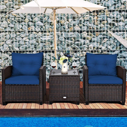 Tangkula 3-teiliges Terrassenmöbel-Set, PE-Rattan-Geflecht, 3-teiliges Outdoor-Sofa-Set mit waschbarem Kissen und Tischplatte aus gehärtetem Glas, Gesprächsmöbel für Garten, Pool, Balkon (blau)