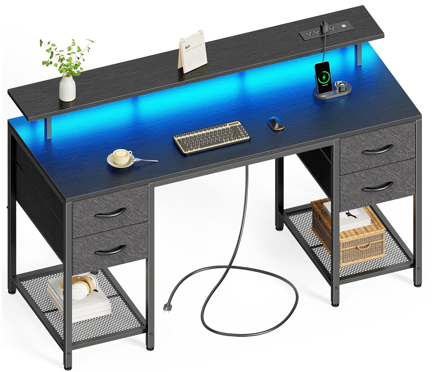 Huuger 55 inch Computer Desk with 4 Drawers, Gaming Desk with LED Lights & Power Outlets, Home Office Desk with Large Storage Space for Bedroom, Work from Home, Black