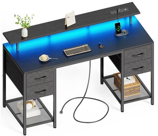 Huuger 55 inch Computer Desk with 4 Drawers, Gaming Desk with LED Lights & Power Outlets, Home Office Desk with Large Storage Space for Bedroom, Work from Home, Black