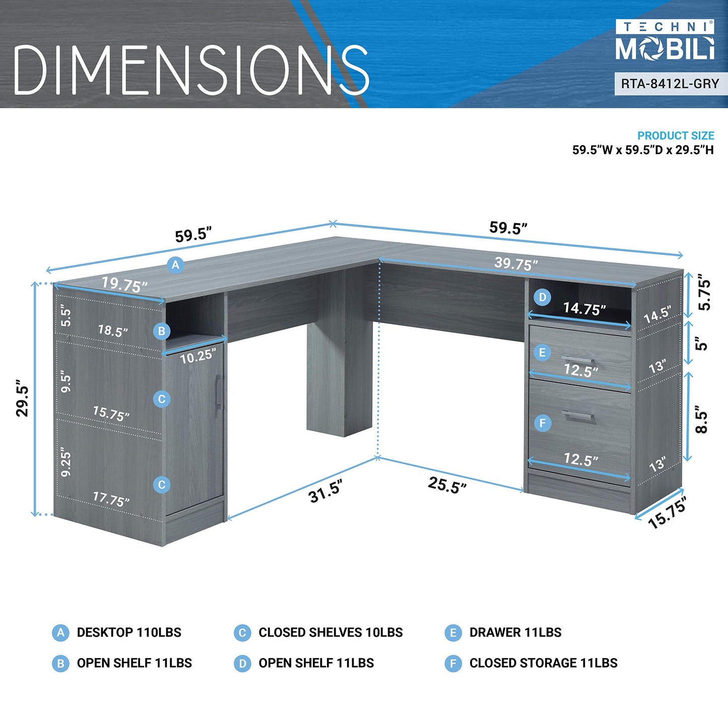 Techni Mobili RTA-8412L-GRY Computertisch Schreibtisch, L-Form für Arbeitszimmer, Grau