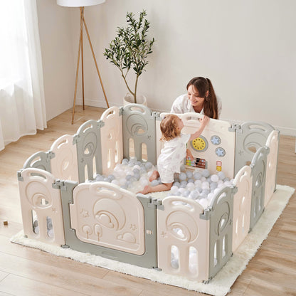 Fortella Cloud Castle Foldable Laufstall, Baby Sicherheit Spielplatz mit Whiteboard und Aktivität Wand, drinnen oder draußen (Grau, 14 Panel)