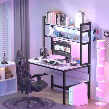 Aquzee Computer Desk mit Hutze und Bücherregal, 47 Inches Weiß Home Office Desk mit Platzsparendem Design, Metallbeine Tisch mit Oberer Ablage für Studium/Schreib-Arbeitsplatz, Einfache Montage