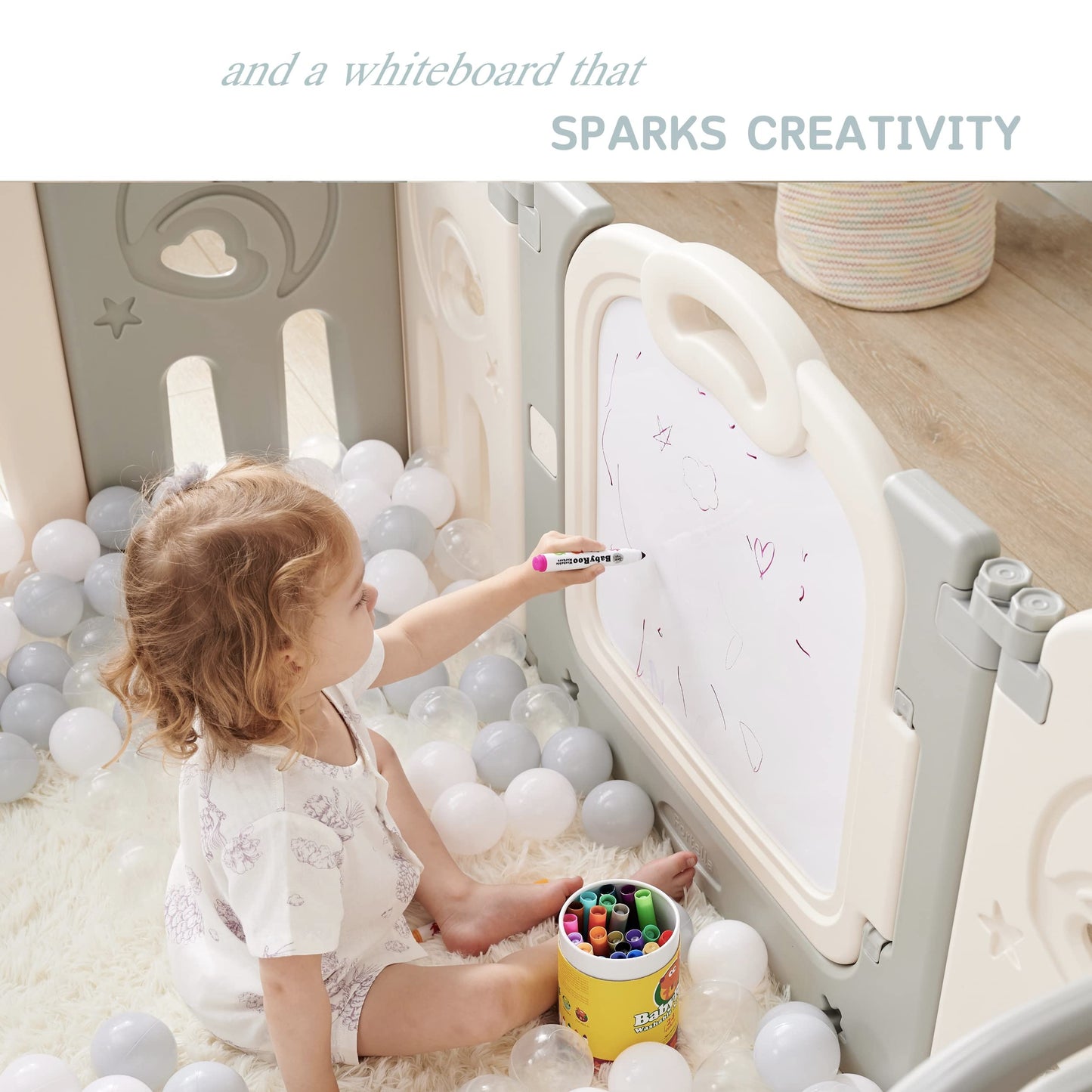 Fortella Cloud Castle Foldable Laufstall, Baby Sicherheit Spielplatz mit Whiteboard und Aktivität Wand, drinnen oder draußen (Grau, 14 Panel)