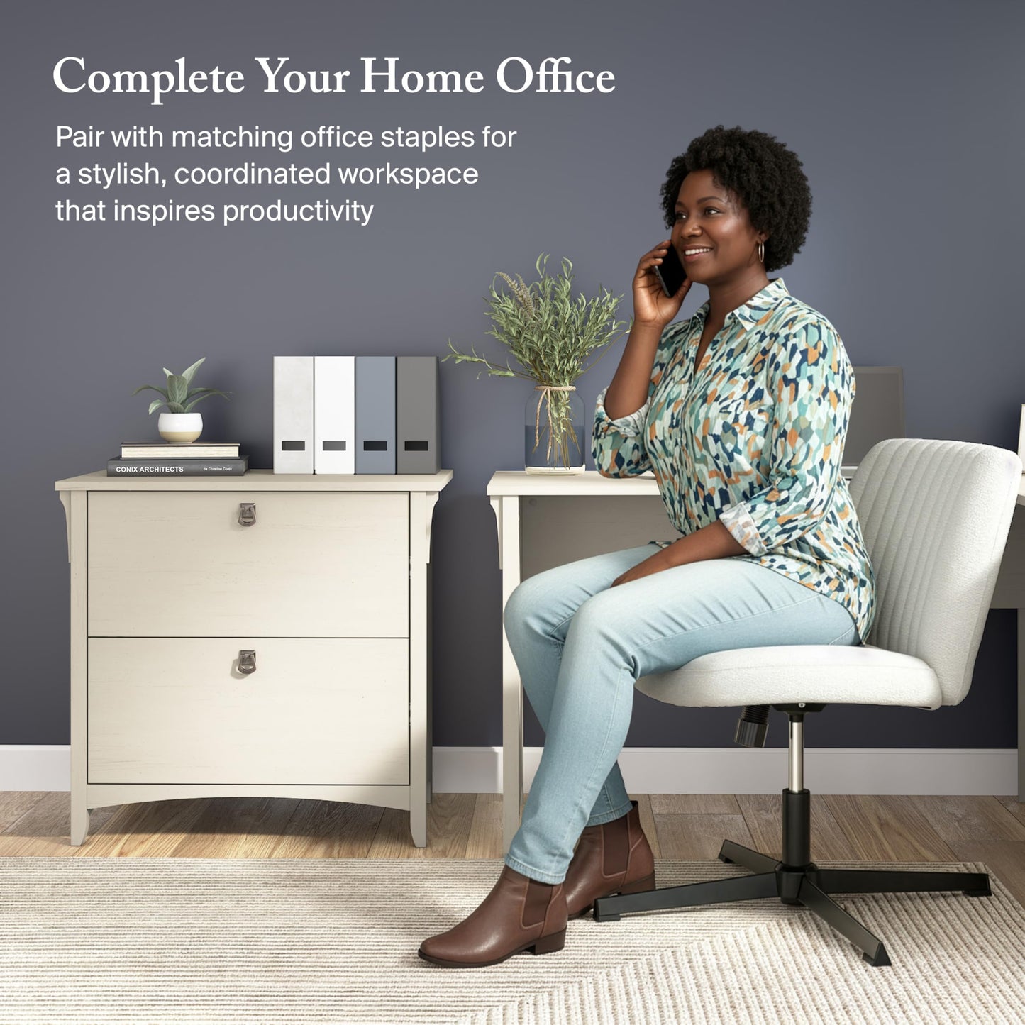 Bush Furniture Salinas Seitlicher Aktenschrank mit 2 Schubladen, Holzwerkstoff, antik-weiß