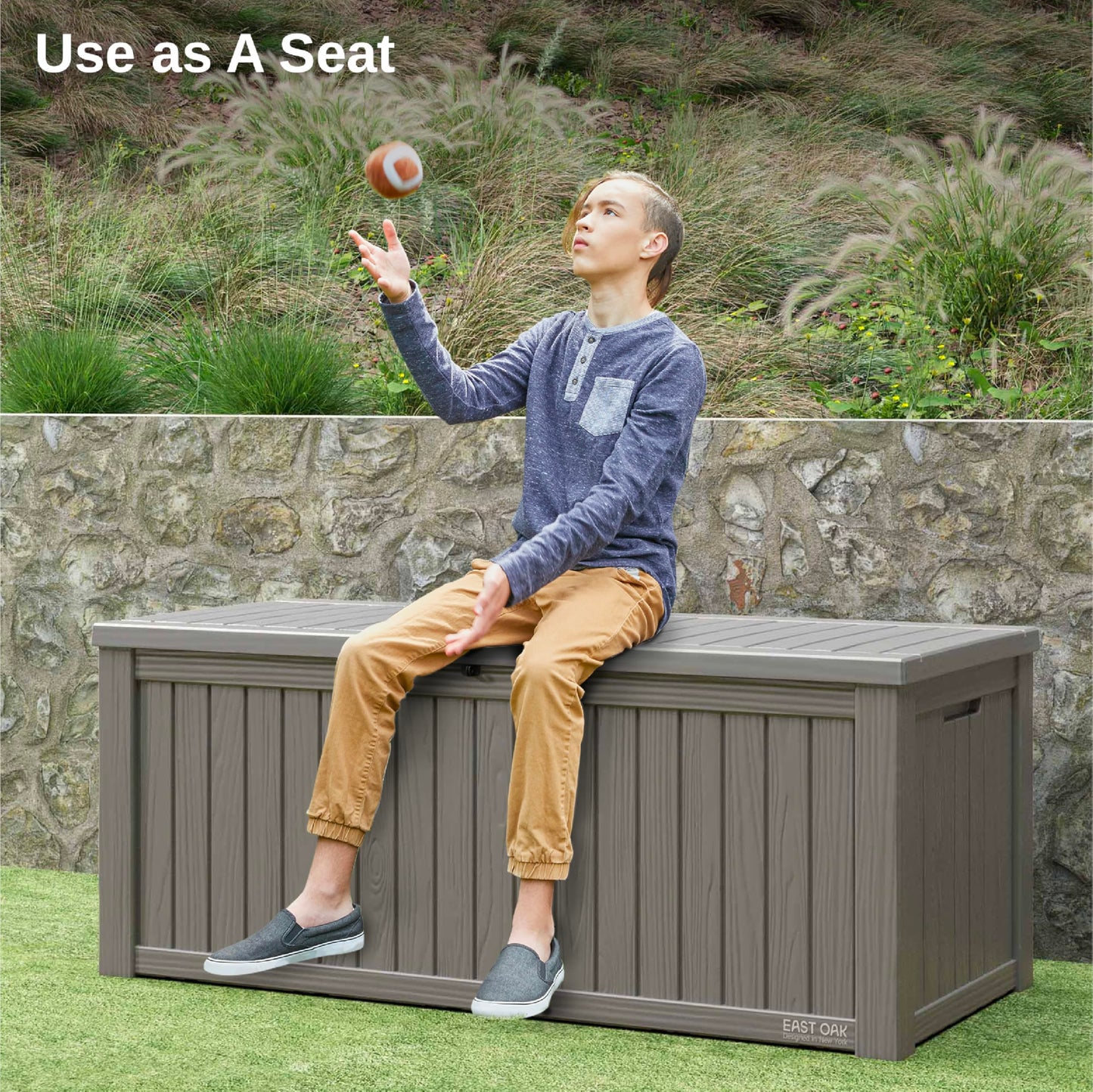 EAST OAK Aufbewahrungsbox für den Außenbereich, 150 Gallonen Deckbox, großer Aufbewahrungsbehälter aus Kunstharz, für Terrassenkissen, Gartengeräte, abschließbar, wasserdicht und UV-beständig, Grau