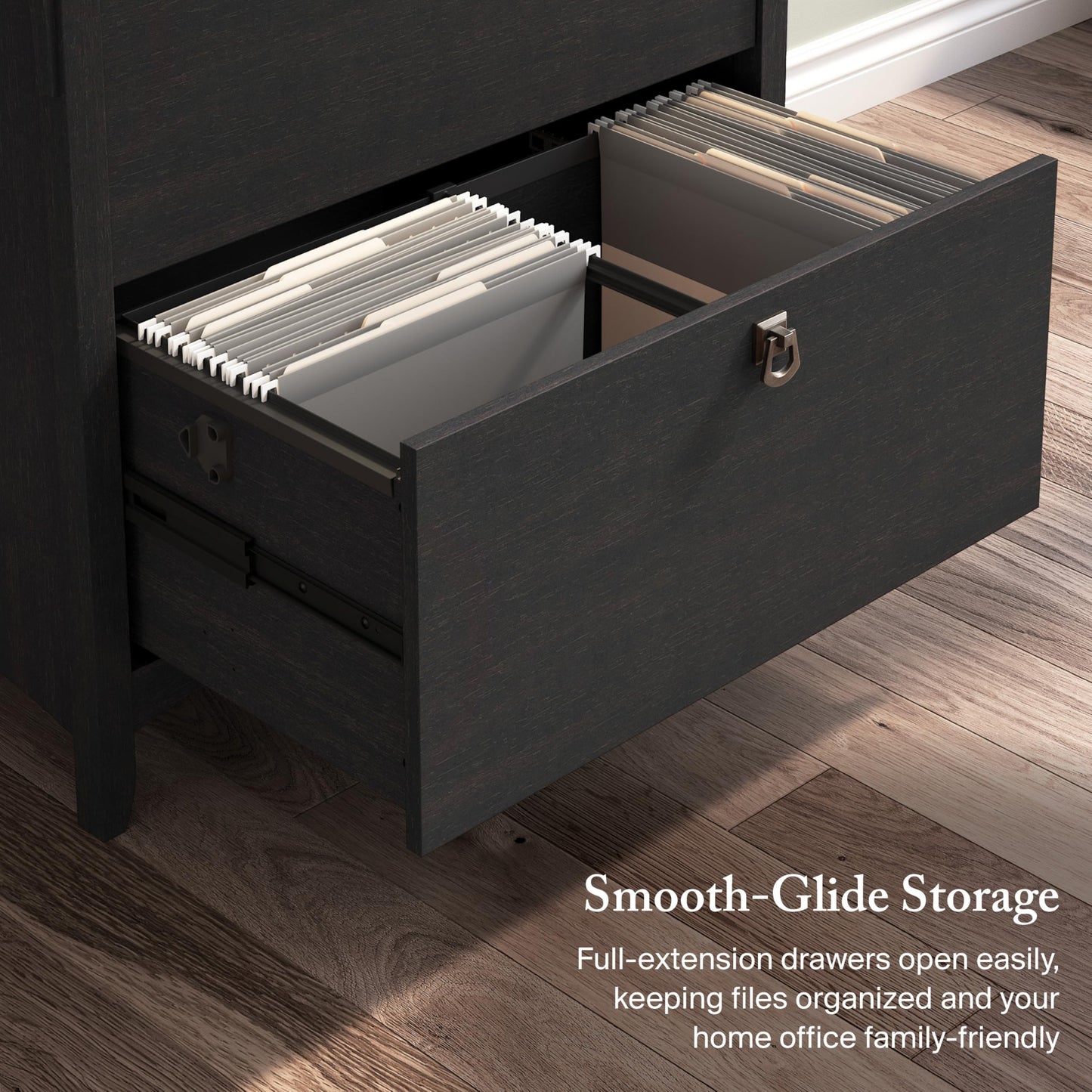 Bush Furniture Salinas Aktenschrank mit 2 Schubladen, seitlicher Aktenschrank in Vintage-Schwarz, Aufbewahrungslösung, Organizer mit Schubladen für den Arbeitsplatz, Akteneinheit