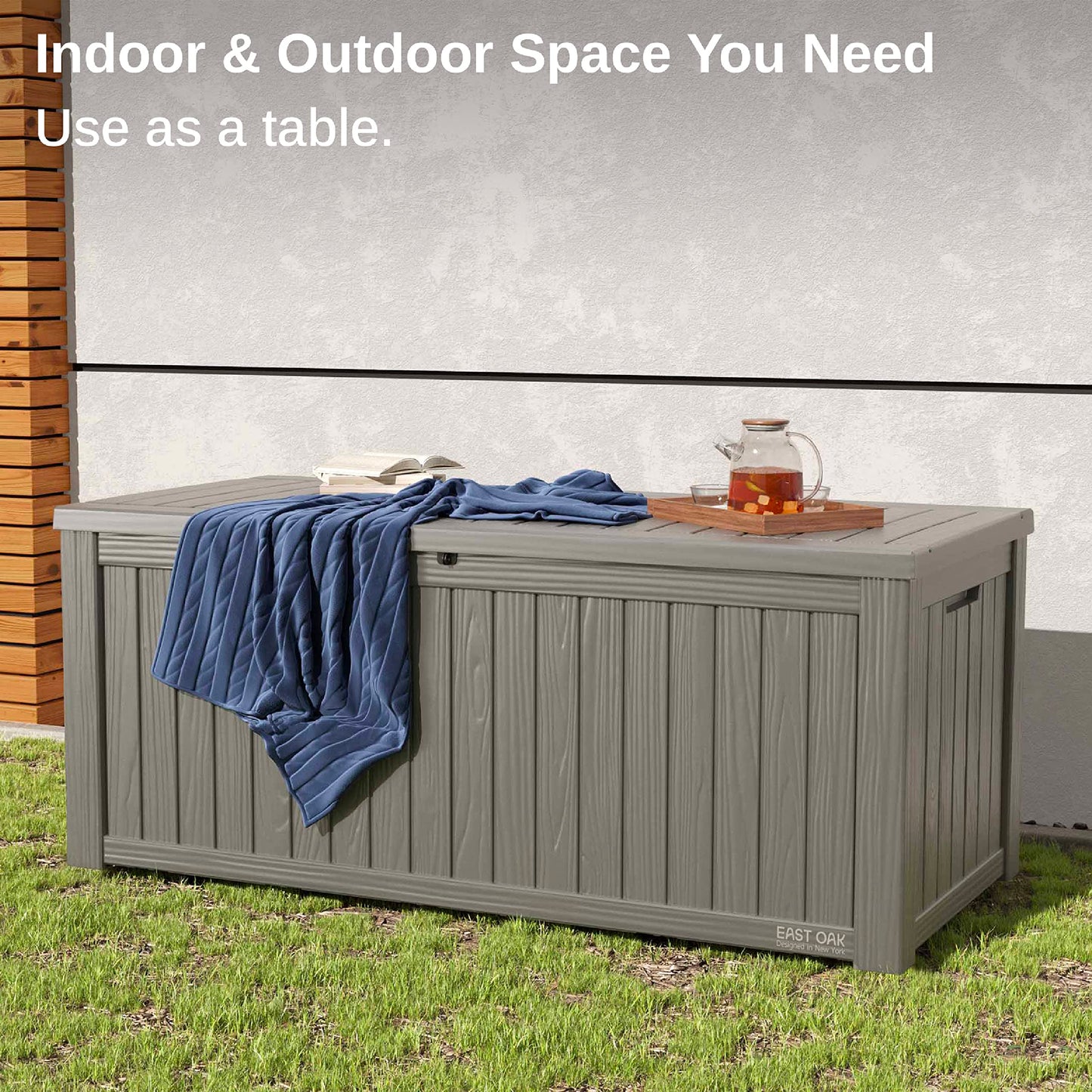 EAST OAK Aufbewahrungsbox für den Außenbereich, 150 Gallonen Deckbox, großer Aufbewahrungsbehälter aus Kunstharz, für Terrassenkissen, Gartengeräte, abschließbar, wasserdicht und UV-beständig, Grau