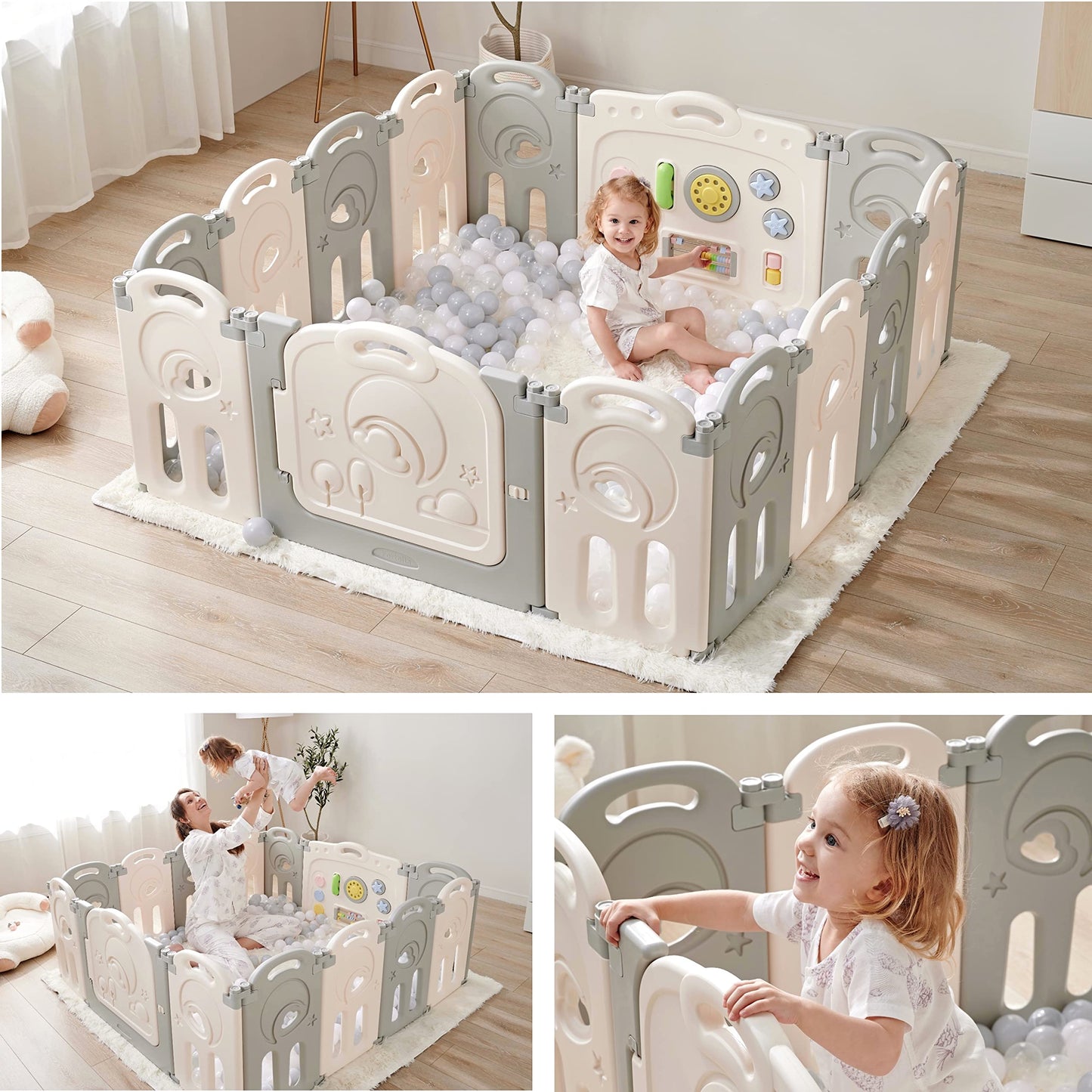 Fortella Cloud Castle Foldable Laufstall, Baby Sicherheit Spielplatz mit Whiteboard und Aktivität Wand, drinnen oder draußen (Grau, 14 Panel)