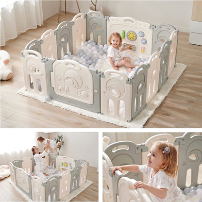 Fortella Cloud Castle Foldable Laufstall, Baby Sicherheit Spielplatz mit Whiteboard und Aktivität Wand, drinnen oder draußen (Grau, 14 Panel)