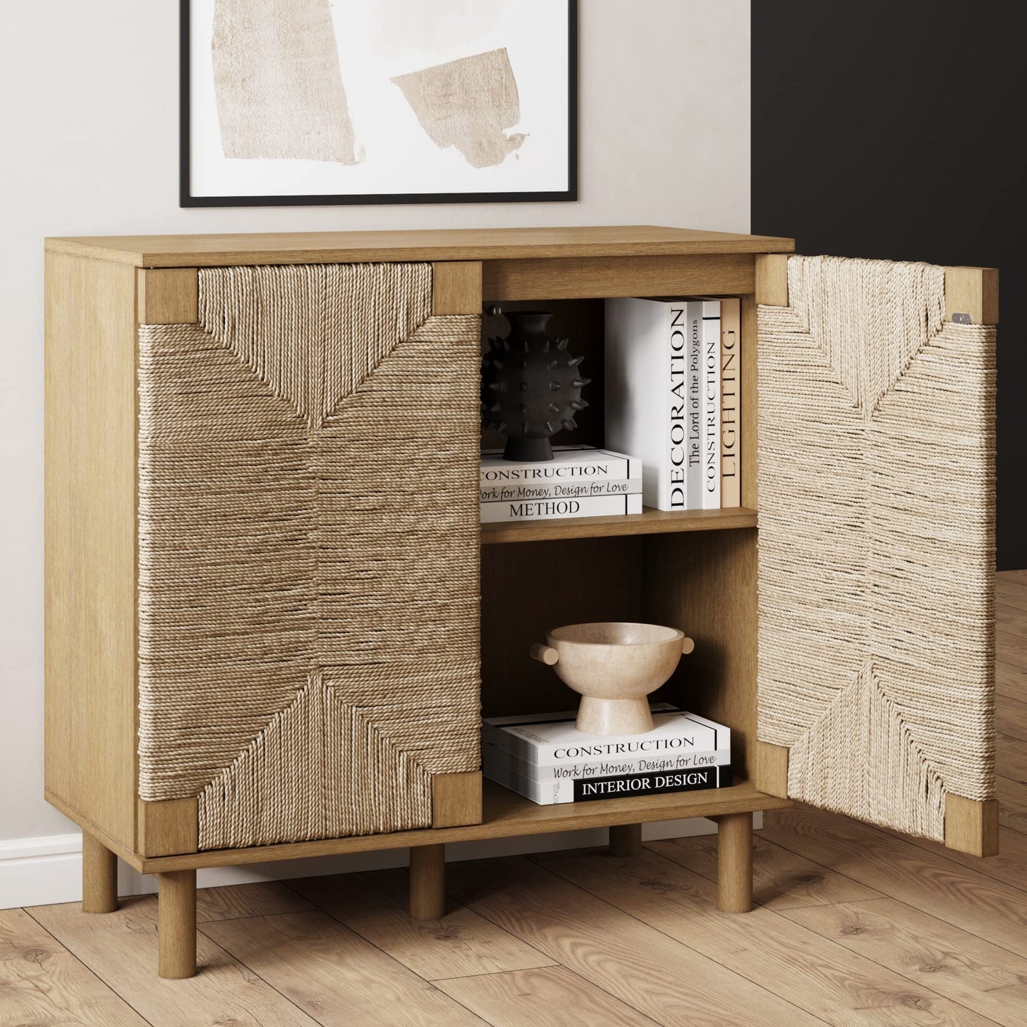 NATHAN JAMES Beacon Accent Sideboard, Aufbewahrungsschrank aus hellem Holz, mit Verstellbarer Innenablage und Seegras-Türen, für Flur, Eingangsbereich oder Esszimmer, Hellbraun