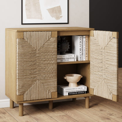 NATHAN JAMES Beacon Accent Sideboard, Aufbewahrungsschrank aus hellem Holz, mit Verstellbarer Innenablage und Seegras-Türen, für Flur, Eingangsbereich oder Esszimmer, Hellbraun