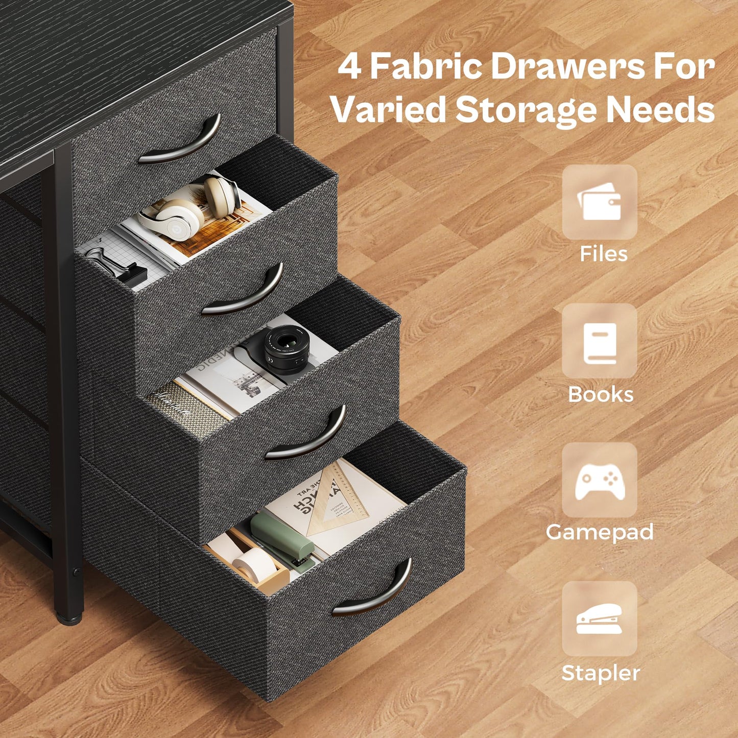 Huuger 55 inch Computer Desk with 4 Drawers, Gaming Desk with LED Lights & Power Outlets, Home Office Desk with Large Storage Space for Bedroom, Work from Home, Black